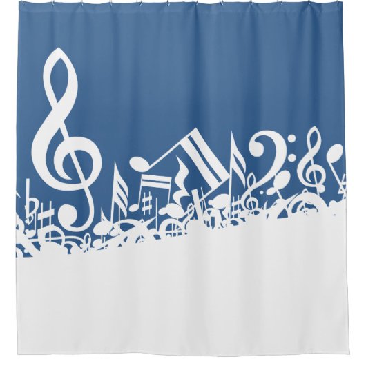 青の上の白いごちゃの楽譜 シャワーカーテン (正面)