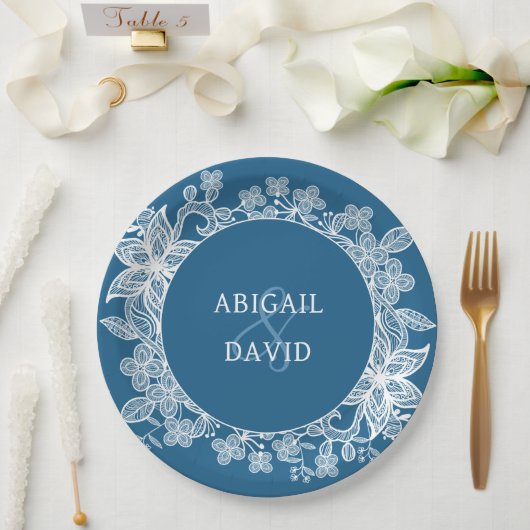 青の上の白結婚いレース ペーパープレート (ウェディング)