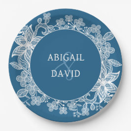 青の上の白結婚いレース ペーパープレート