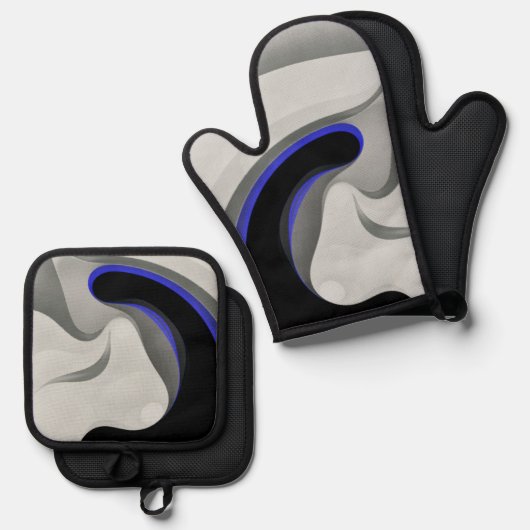 青の下：抽象芸術グレー、黒、青 鍋つかみ&鍋敷きセット (正面/裏面)