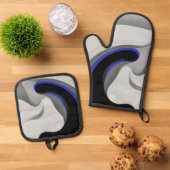 青の下：抽象芸術グレー、黒、青 鍋つかみ&鍋敷きセット (トップダウン)