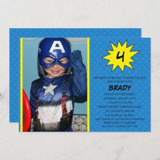 青の保存日のスーパーヒーローの写真の誕生会 招待状 (正面/裏面)
