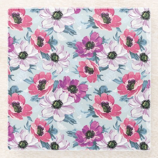 青の優雅色の花模様 ガラスコースター (正面)