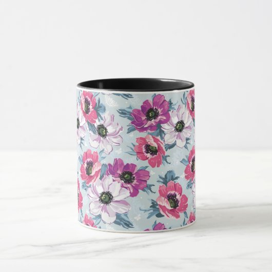 青の優雅色の花模様 マグカップ (中央)