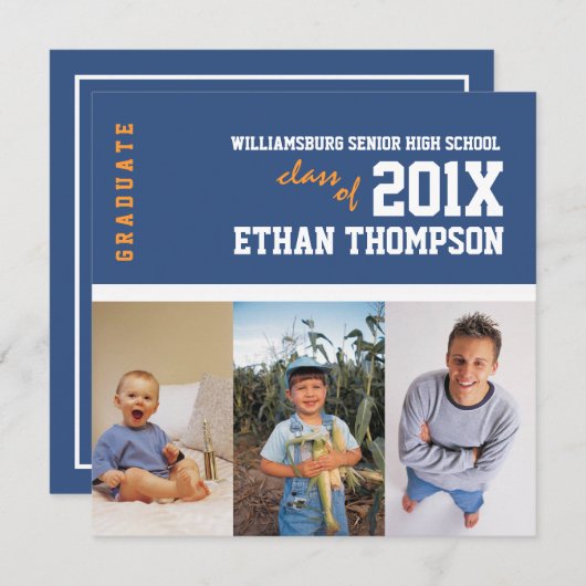 青の卒業の発表3の写真のコラージュ 招待状 (正面/裏面)