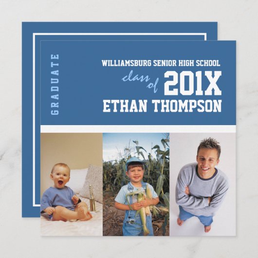 青の卒業の発表3の写真のコラージュ 招待状 (正面/裏面)