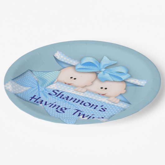 青の双生児のベビーシャワーのパーティー ペーパープレート (アングル)