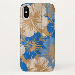 青の叙事詩のハイビスカスのヴィンテージのサーフボードのフェイクな木 iPhone X ケース