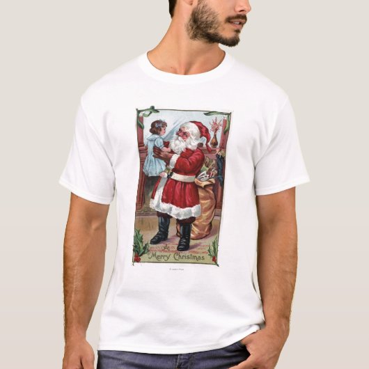 青の女の子を握るメリーなChristmasSanta Tシャツ (正面)