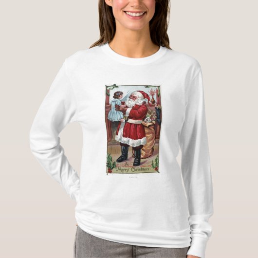 青の女の子を握るメリーなChristmasSanta Tシャツ (正面)