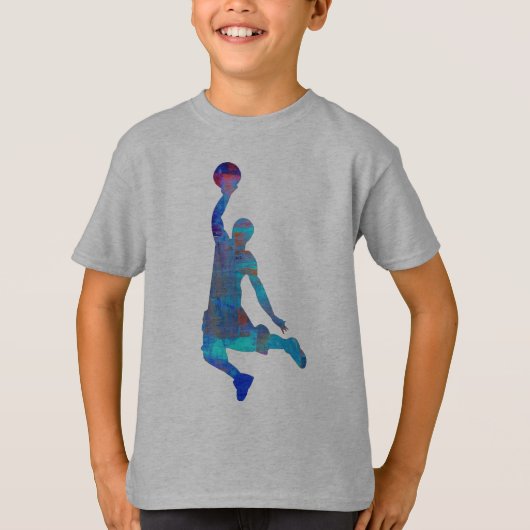 青の抽象的なバスケットボール選手の跳躍の子供のワイシャツ Tシャツ (正面)