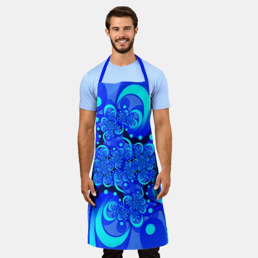 青の抽象芸術フラクタルアートモダンの濃淡 エプロン (着用した状態)