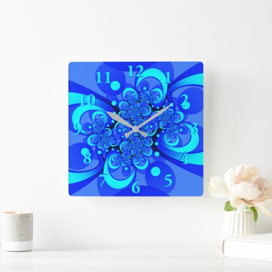 青の抽象芸術フラクタルアートモダンの濃淡 スクエア壁時計 (ホーム)