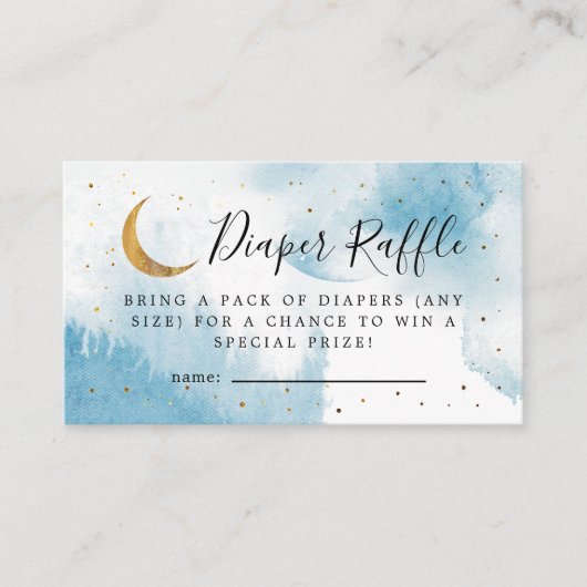 青の月の上に赤ちゃんシャワーおむつラッフル エンクロージャーカード (正面)