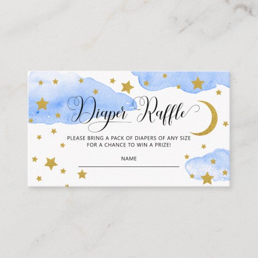 青の月の上に赤ちゃんシャワーおむつラッフル エンクロージャーカード (正面)