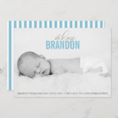 青の歓迎されたベビーの写真のベビーの誕生の発表 案内状 (正面/裏面)