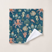 青の水中の生物 バスタオルセット (ウォッシュタオル)