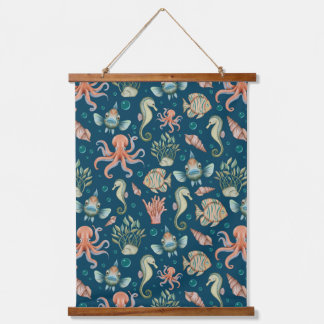 青の水中の生物 吊り下げ型タペストリー