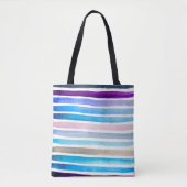 青の水彩ストライプ 手描き トートバッグ (正面)