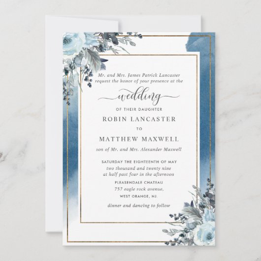 青の水色と青のフローラ、親ホスティング 招待状 (正面)