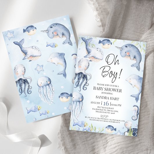 青の海の下で生き物の男の子の赤のシャワー 招待状