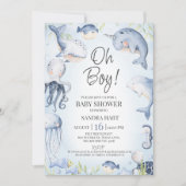 青の海の下で生き物の男の子の赤のシャワー 招待状 (正面)