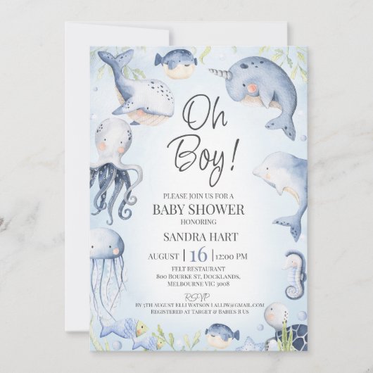 青の海の下で生き物の男の子の赤のシャワー 招待状 (正面)