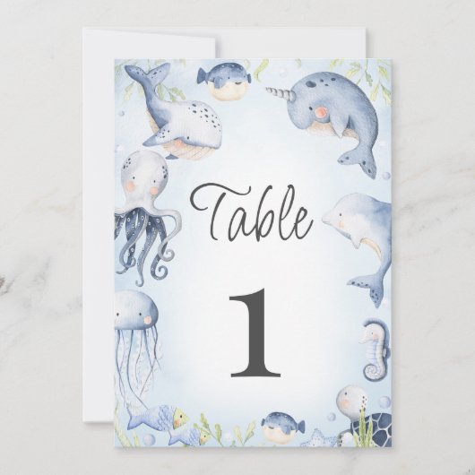 青の海の下に男の子の赤ちゃんシャワーテーブル番号 招待状 (正面)