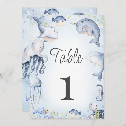 青の海の下に男の子の赤ちゃんシャワーテーブル番号 招待状 (正面/裏面)