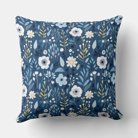 青の濃淡(白と黄色の花かわいらし) クッション (裏面)