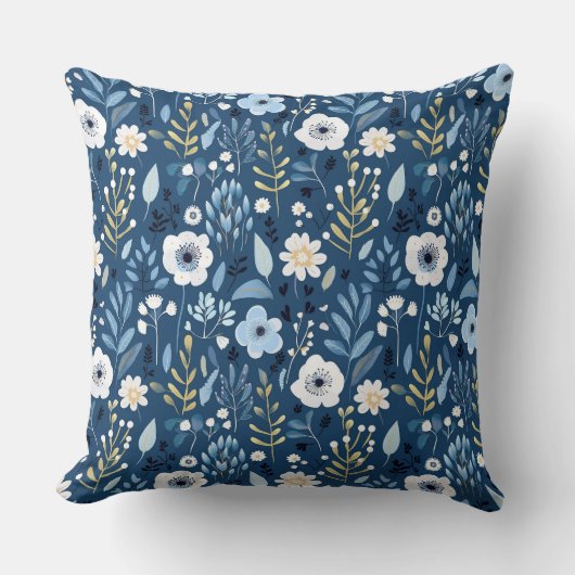 青の濃淡(白と黄色の花かわいらし) クッション (正面)