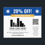 青の特別提供あなたのロゴとQRコードを割引 チラシ<br><div class="desc">小さな黄色のバナーと白のフォントを組み合わせた上部に青いバナーを持つスモールビジネス向けの特別な割引チラはっきりしたーを提供。ロゴ、QRコード、パーソナライズされたおよび文字付き特別割引チラシカスタム。</div>