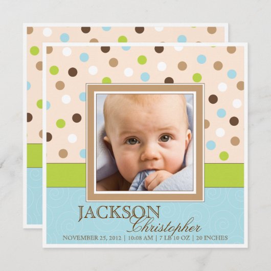 青の男の赤ちゃんの誕生2の写真 + 緑の点 案内状 (正面/裏面)