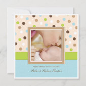 青の男の赤ちゃんの誕生2の写真 + 緑の点 案内状 (裏面)