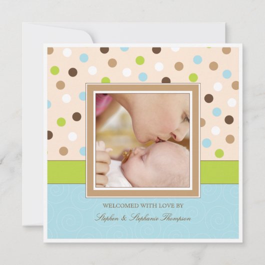 青の男の赤ちゃんの誕生2の写真 + 緑の点 案内状 (裏面)