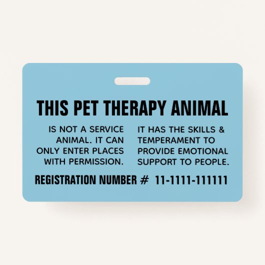 青の登録セラピー動物カスタムの写真ID バッジ (裏面)