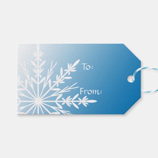青の白いスノーフレーク ギフトタグ (正面(横))