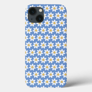 青の白いデイジーパターン iPhone 13ケース