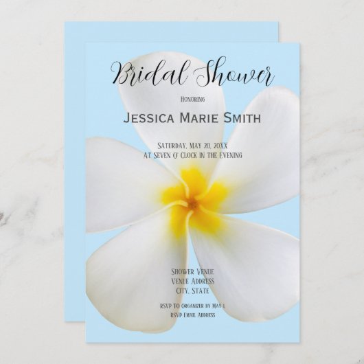 青の白いプルメリア、フローラ、ブライダルシャワー 招待状 (正面/裏面)