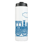 青の白い蒸気列車の子供たち名前をカスタムするグラフィック タンブラー (正面)