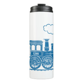 青の白い蒸気列車の子供たち名前をカスタムするグラフィック タンブラー