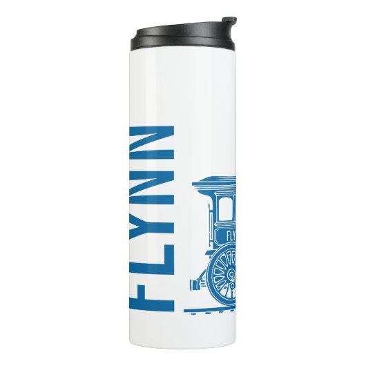 青の白い蒸気列車の子供たち名前をカスタムするグラフィック タンブラー (回転左)