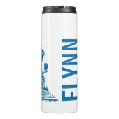 青の白い蒸気列車の子供たち名前をカスタムするグラフィック タンブラー (裏面)