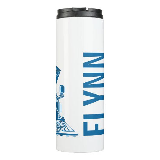 青の白い蒸気列車の子供たち名前をカスタムするグラフィック タンブラー (裏面)