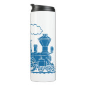 青の白い蒸気列車の子供たち名前をカスタムするグラフィック タンブラー (回転右)
