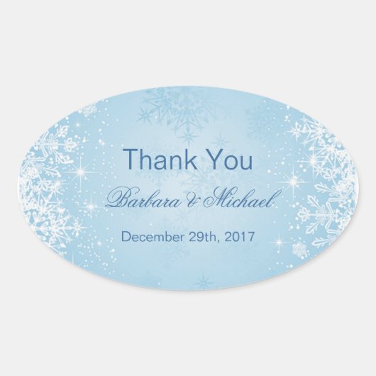 青の白い雪結婚片のサンキューステッカー 楕円形シール (正面)