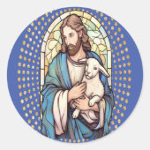 青の神と子羊の宗教的ステッカー ラウンドシール (正面)