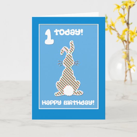 青の第1誕生日の挨拶のかわいいバニーウサギ カード (黄色い花)