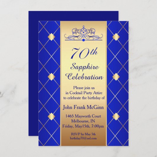 青の第70誕生会の金ゴールドのダイヤモンドパターン 招待状 (正面/裏面)