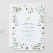 青の美しいグレーと白のフローラ|洗礼 招待状 (正面)